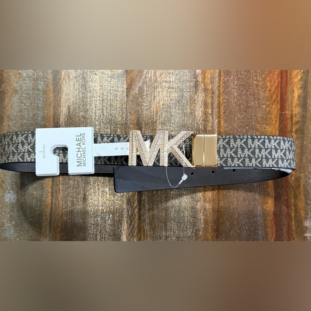 Michael Kors Sz LG Brn Blk Reversible MK Logo Belt w/Rhinestone Gold Buckle NWT